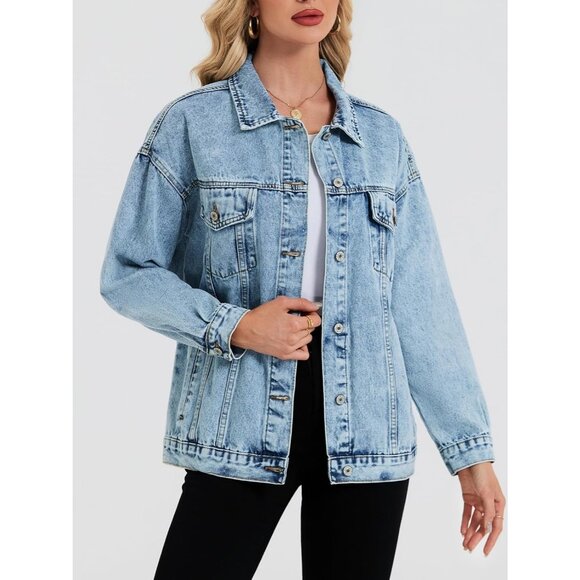 Women's Oversized Denim Jacket Jean Jacket Trendy Loose Fall Trucker Light Blue - Picture 5 of 7